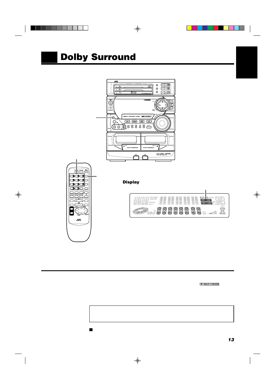 Dolby surround, 13 english, Display | Pro logic / 3ch logic | JVC CA-D702T User Manual | Page 17 / 49