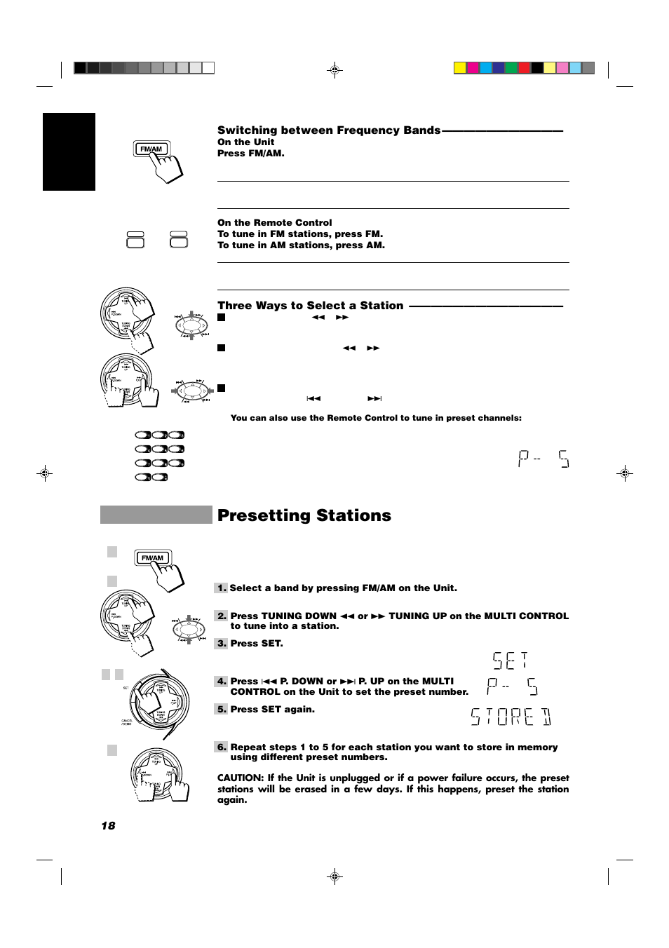 Presetting stations, 18 english switching between frequency bands, Three ways to select a station | JVC CA-D702T User Manual | Page 22 / 49