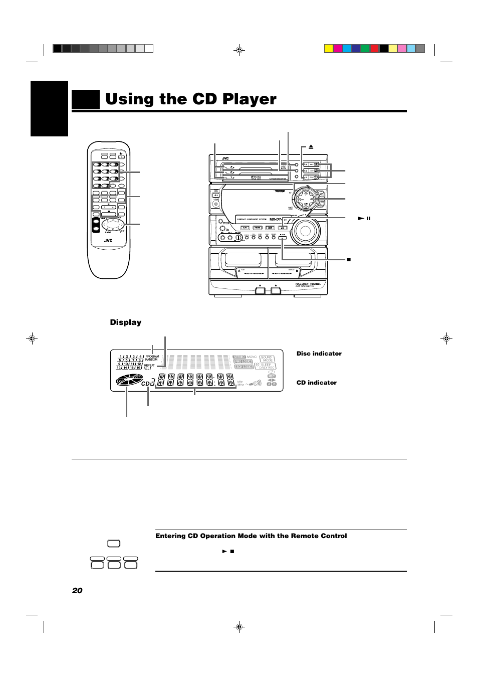 Using the cd player, 20 english, Display | Entering cd operation mode with the remote control, Cd player control buttons number keys | JVC CA-D702T User Manual | Page 24 / 49