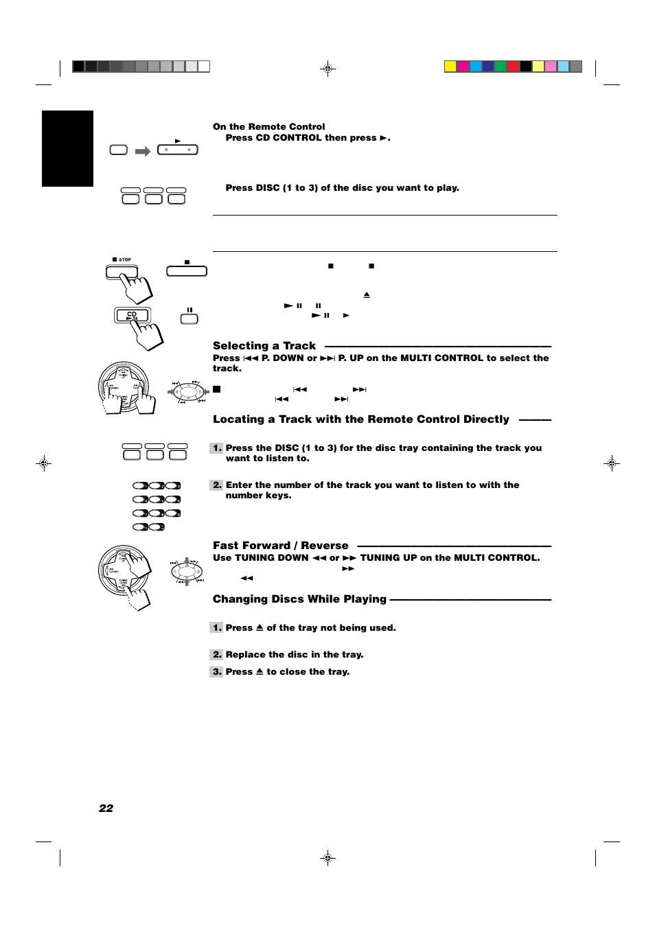 22 english, Selecting a track, Locating a track with the remote control directly | Fast forward / reverse, Changing discs while playing | JVC CA-D702T User Manual | Page 26 / 49