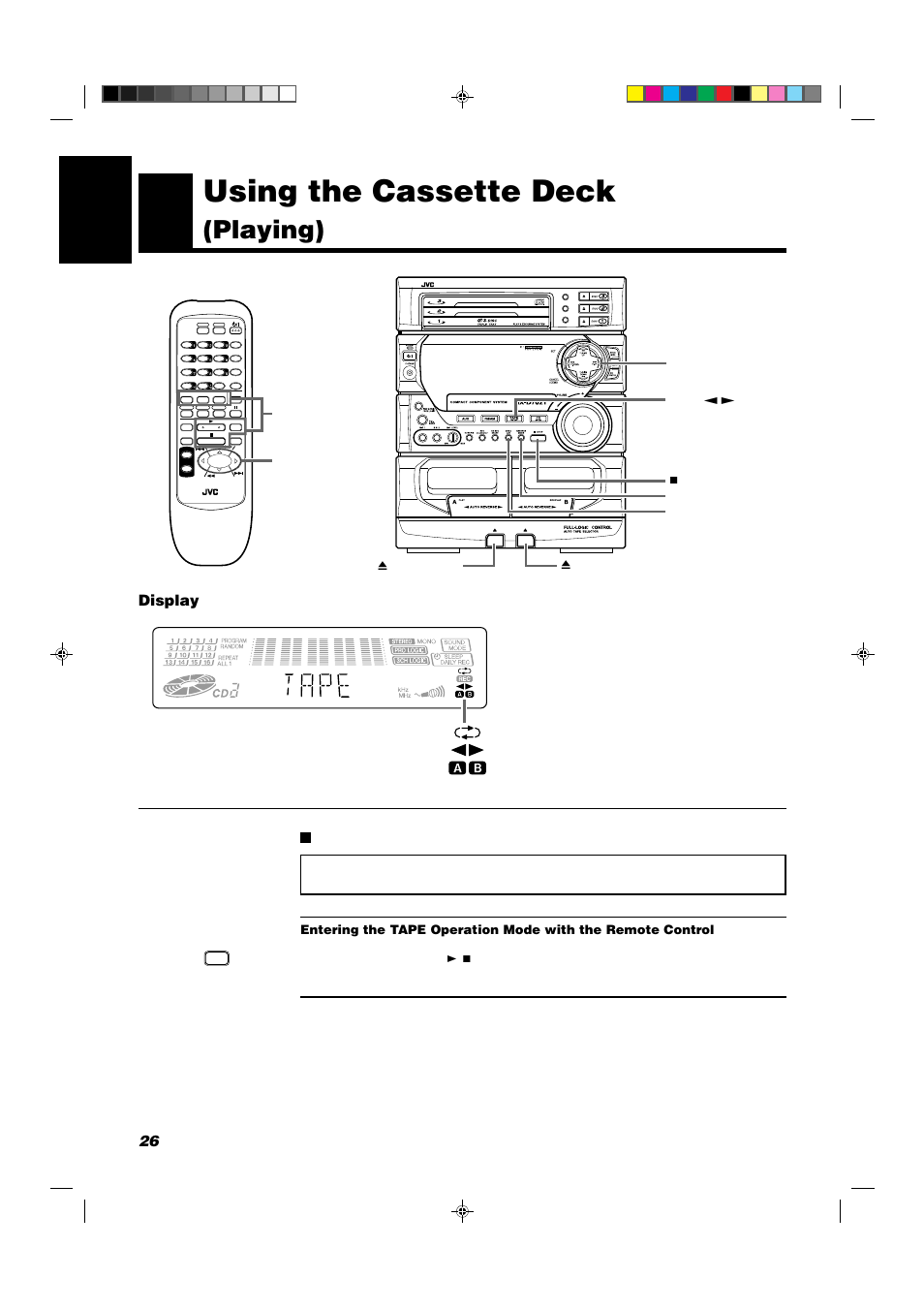 Using the cassette deck, Playing), 26 english | Display, Cassette deck control buttons | JVC CA-D702T User Manual | Page 30 / 49