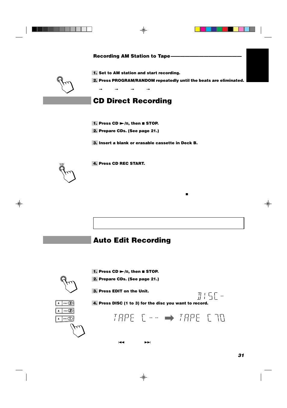 Cd direct recording, Auto edit recording | JVC CA-D702T User Manual | Page 35 / 49