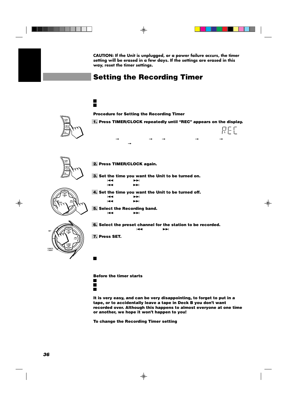 Setting the recording timer | JVC CA-D702T User Manual | Page 40 / 49