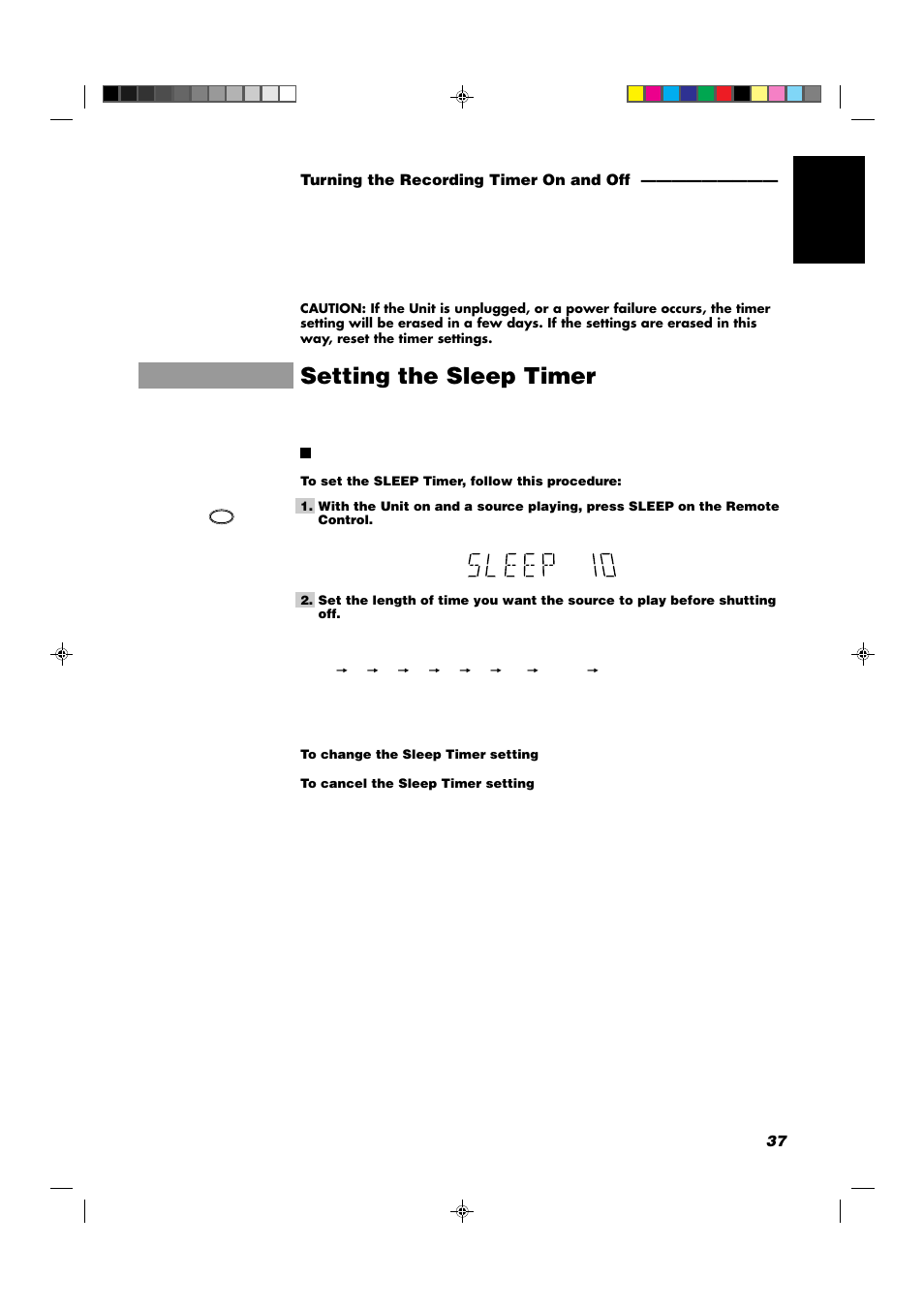 Setting the sleep timer, 37 english turning the recording timer on and off | JVC CA-D702T User Manual | Page 41 / 49