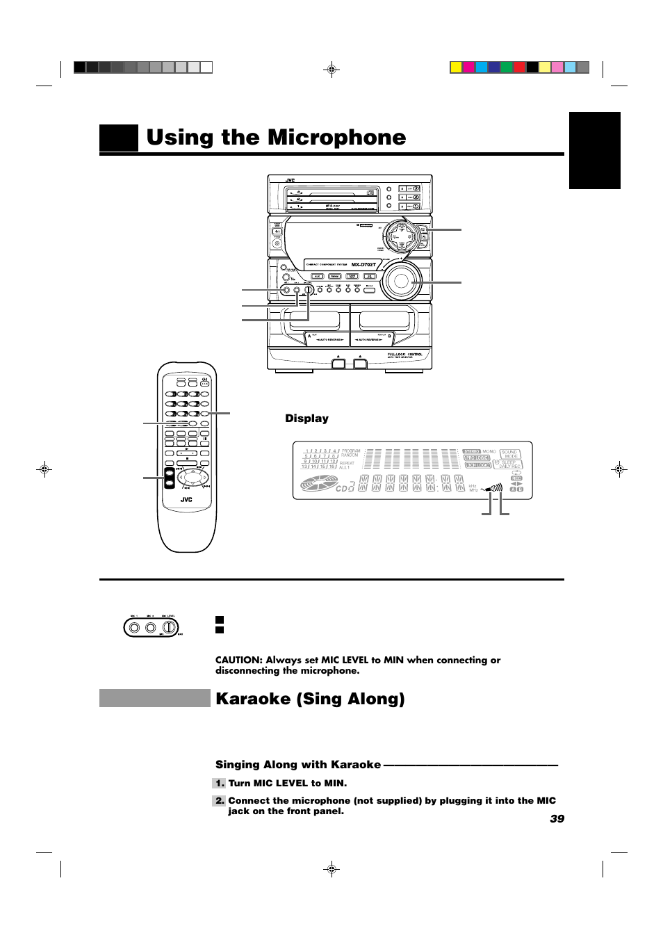 Using the microphone, Karaoke (sing along), 39 english | Display, Singing along with karaoke, Sound mode volume | JVC CA-D702T User Manual | Page 43 / 49