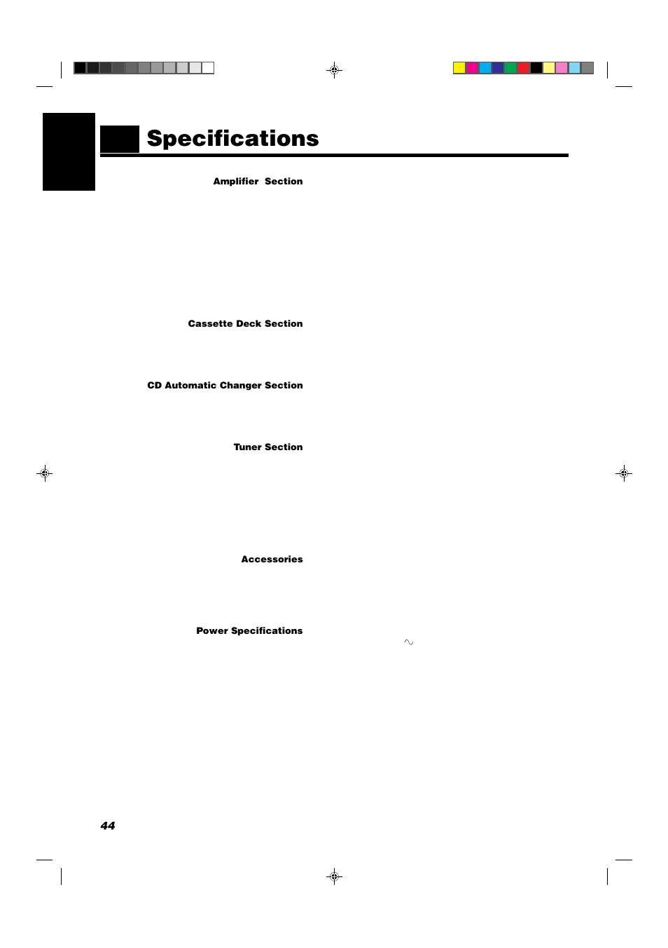 Specifications, 44 english | JVC CA-D702T User Manual | Page 48 / 49