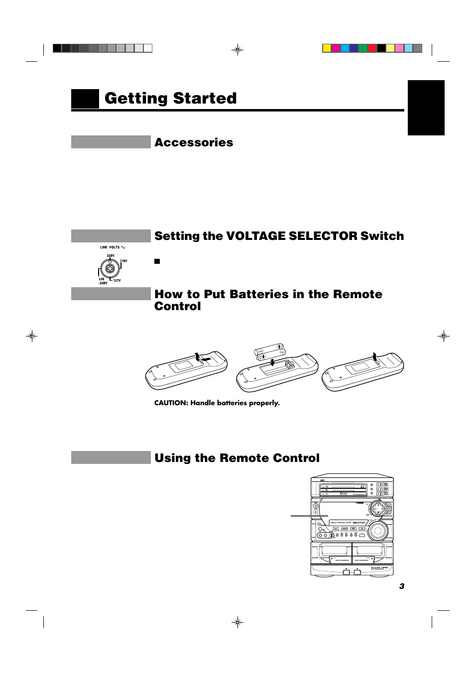 Getting started, Accessories, Setting the voltage selector switch | How to put batteries in the remote control, Using the remote control | JVC CA-D702T User Manual | Page 7 / 49