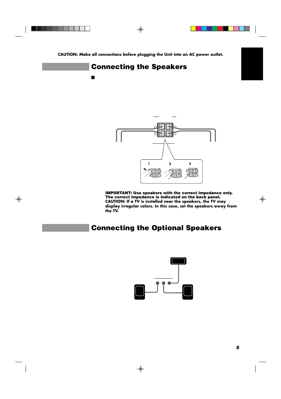 Connecting the speakers, Connecting the optional speakers, 5english | JVC CA-D702T User Manual | Page 9 / 49