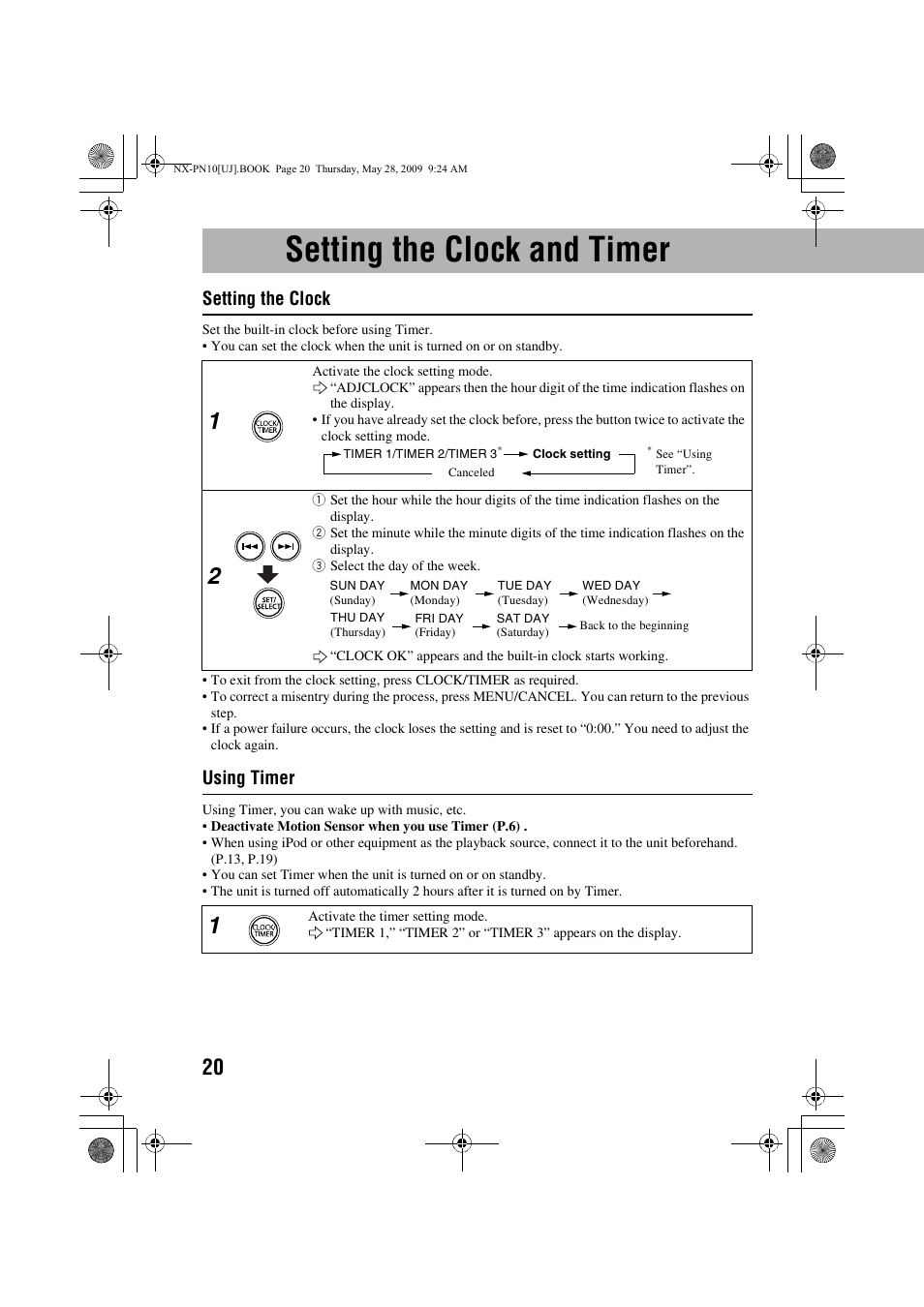 Setting the clock and timer, Setting the clock, Using timer | JVC NX-PN10 User Manual | Page 22 / 27