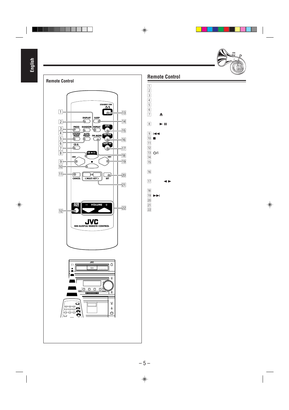 Remote control, English, Compact digital audio | Standby, Standby / on, Direct operating | JVC UX-P3 User Manual | Page 10 / 28
