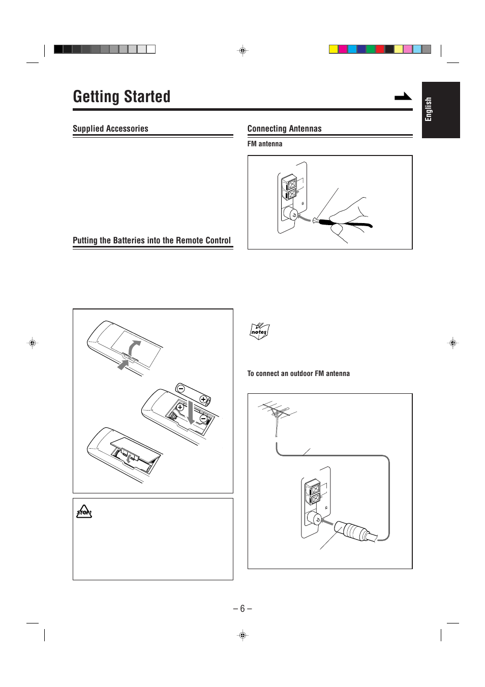 Getting started, Supplied accessories, Putting the batteries into the remote control | Connecting antennas | JVC UX-P3 User Manual | Page 11 / 28