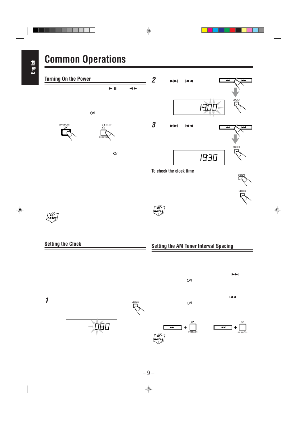 Common operations, Turning on the power, Setting the clock | Setting the am tuner interval spacing | JVC UX-P3 User Manual | Page 14 / 28