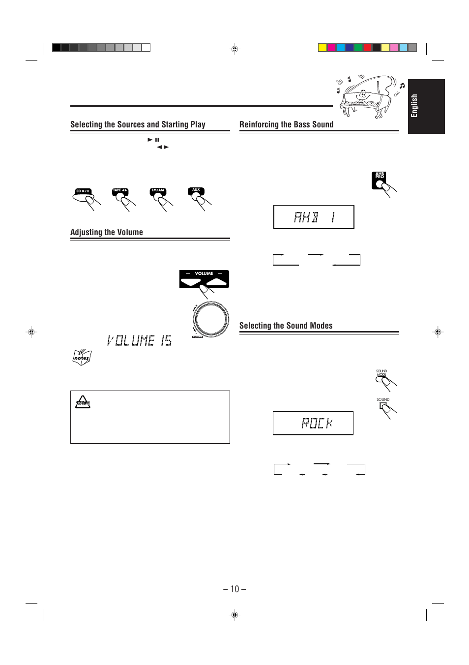 Reinforcing the bass sound, Selecting the sound modes, Selecting the sources and starting play | Adjusting the volume, English | JVC UX-P3 User Manual | Page 15 / 28