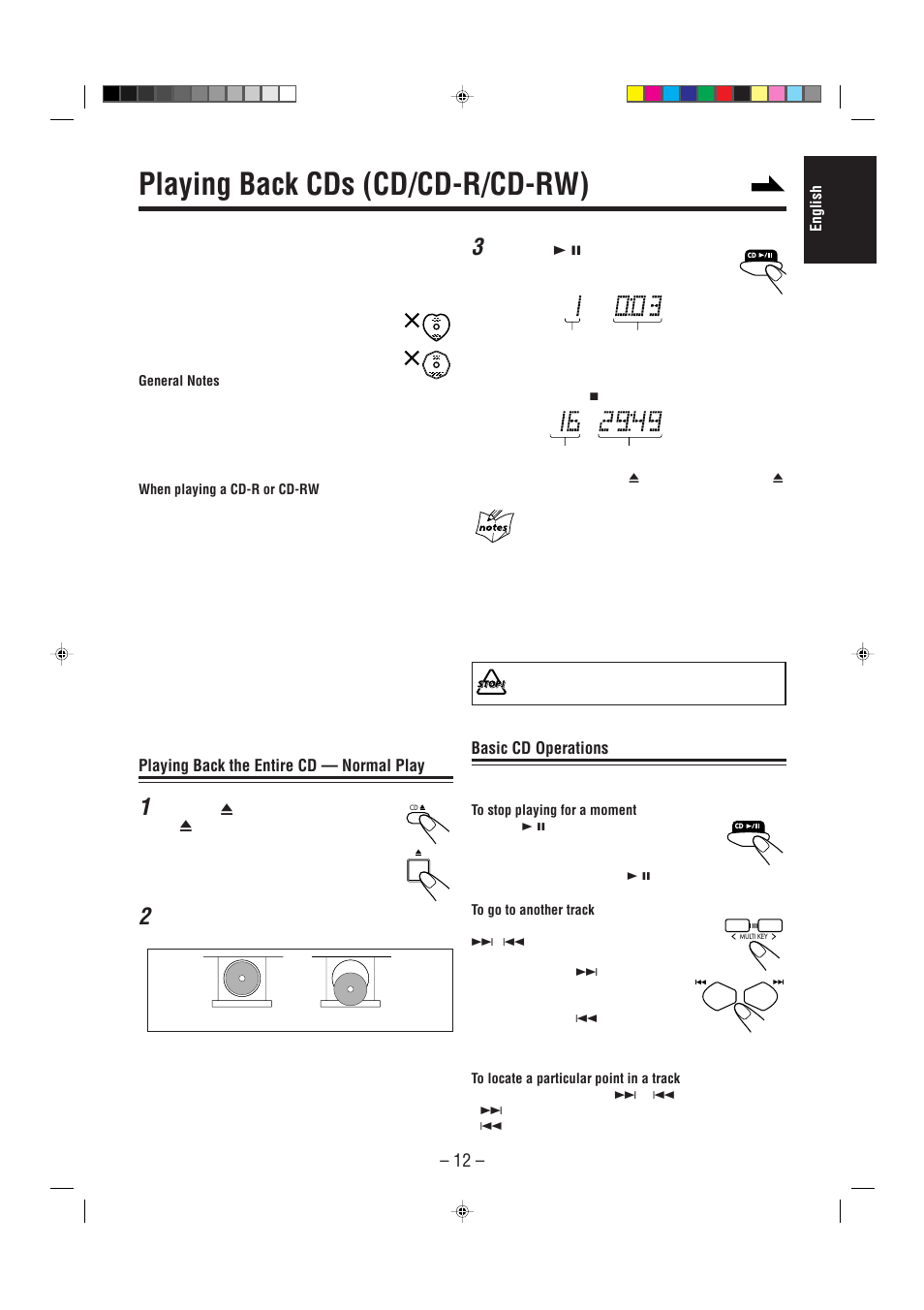 Playing back cds (cd/cd-r/cd-rw), Playing back the entire cd — normal play, Basic cd operations | JVC UX-P3 User Manual | Page 17 / 28