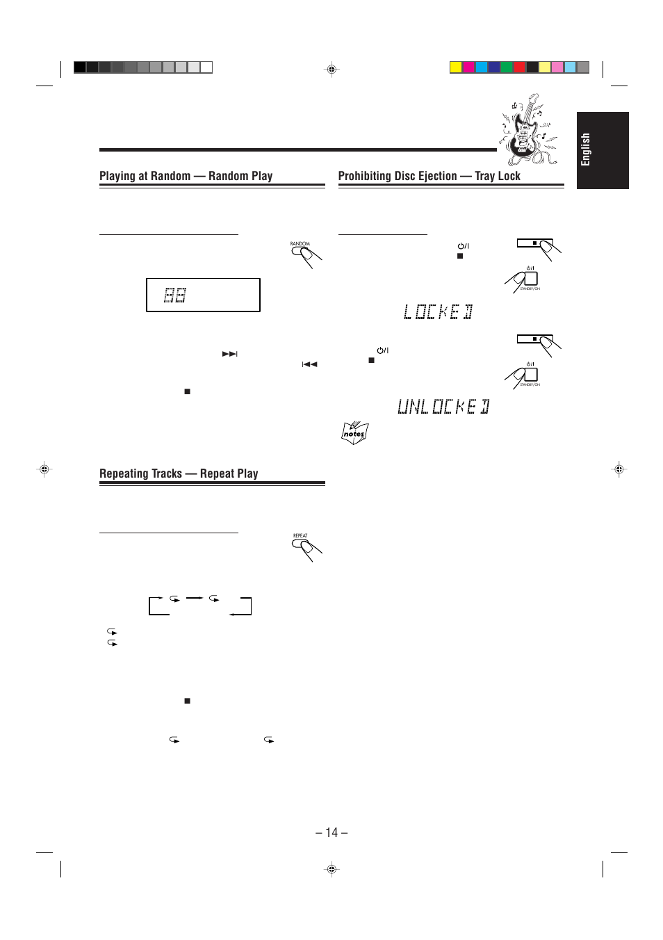 Prohibiting disc ejection — tray lock, Playing at random — random play, Repeating tracks — repeat play | JVC UX-P3 User Manual | Page 19 / 28