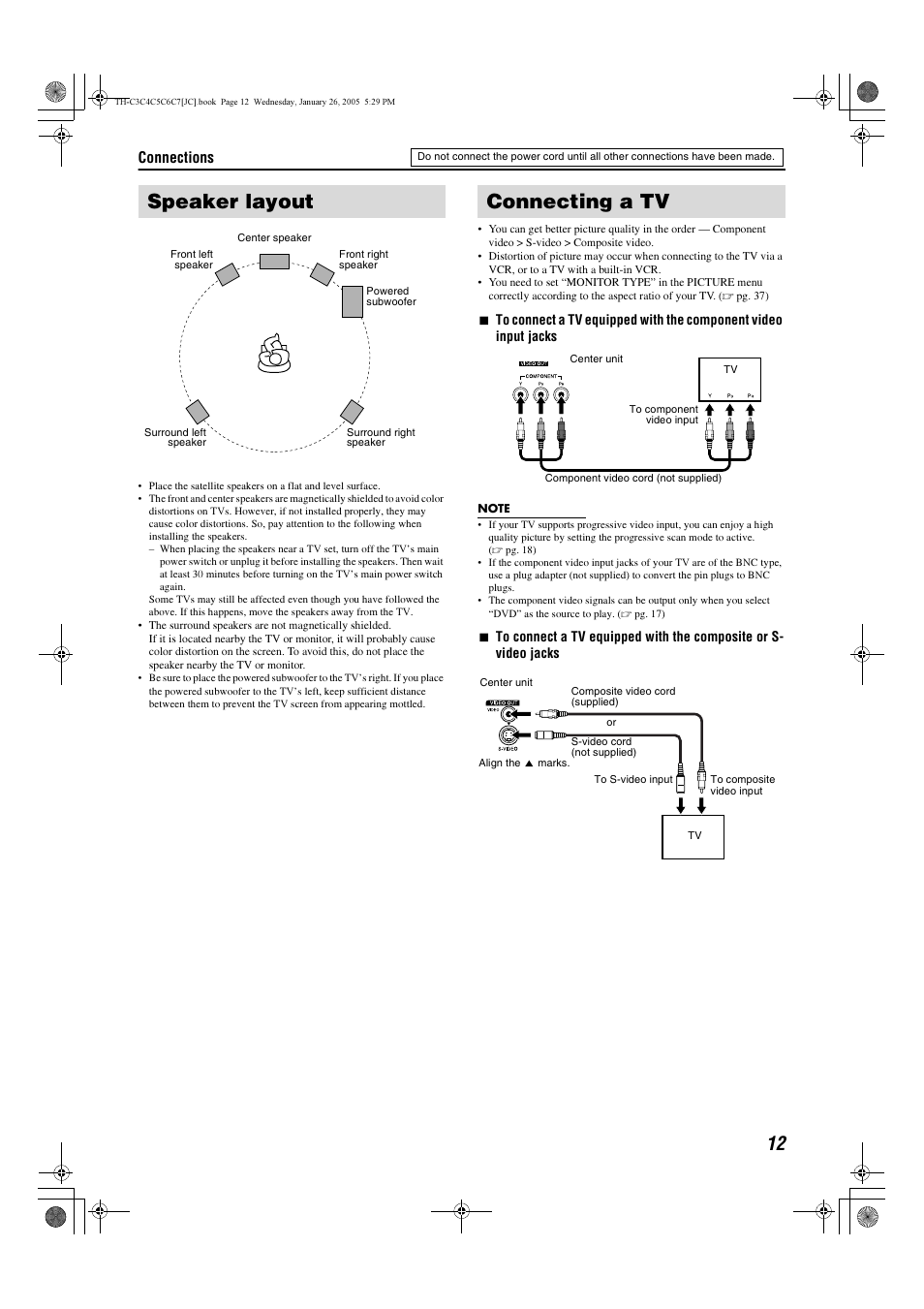 Speaker layout, Connecting a tv, Connections | JVC TH-C7 TH-C6 User Manual | Page 15 / 51