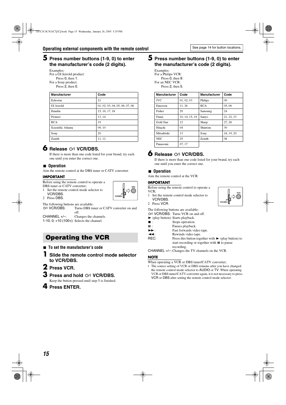 Operating the vcr | JVC TH-C7 TH-C6 User Manual | Page 18 / 51