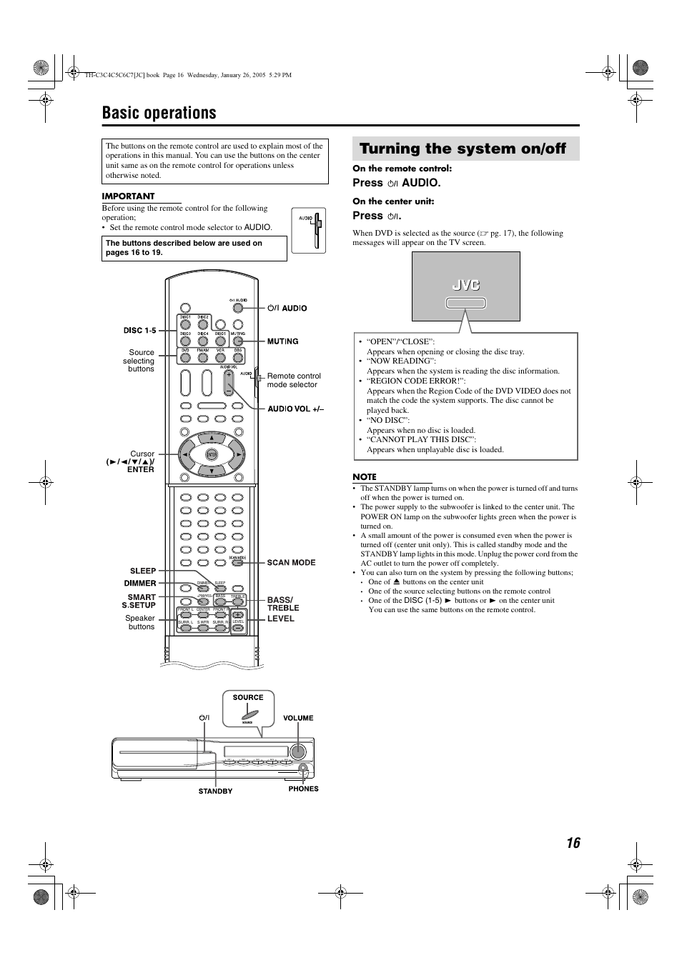 Basic operations, Turning the system on/off, Press audio | Press | JVC TH-C7 TH-C6 User Manual | Page 19 / 51