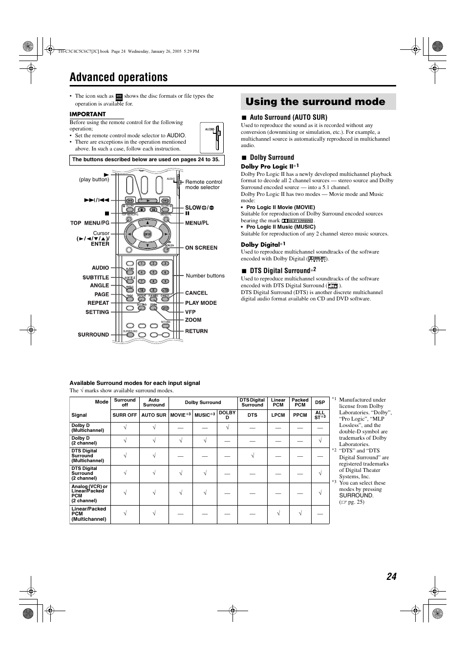 Advanced operations, Using the surround mode, 7auto surround (auto sur) | 7dolby surround, 7dts digital surround | JVC TH-C7 TH-C6 User Manual | Page 27 / 51