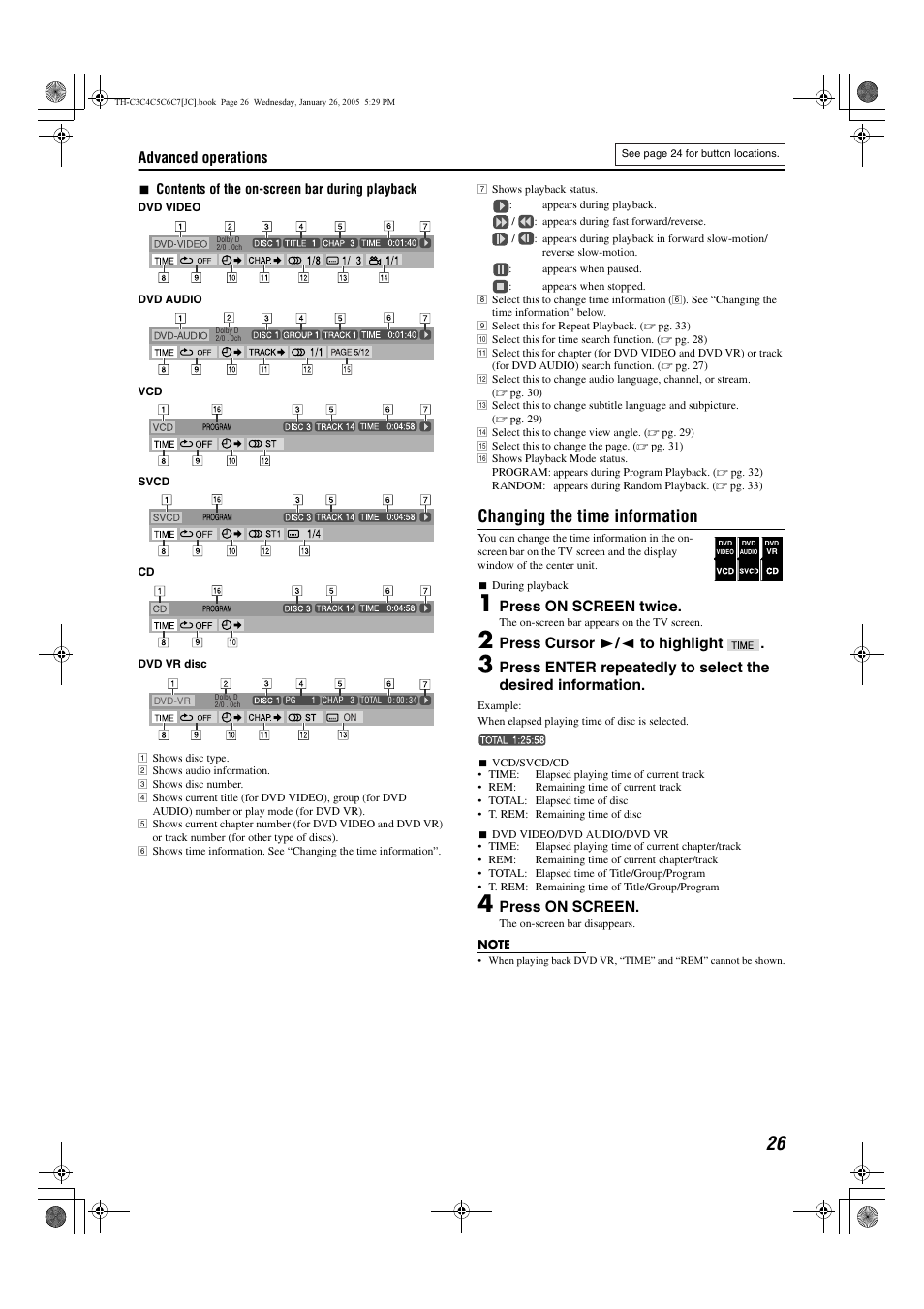 Changing the time information, Advanced operations, Press on screen twice | Press cursor 3/2 to highlight, Press on screen | JVC TH-C7 TH-C6 User Manual | Page 29 / 51