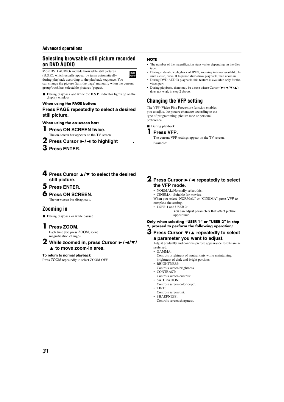 Zooming in, Changing the vfp setting | JVC TH-C7 TH-C6 User Manual | Page 34 / 51