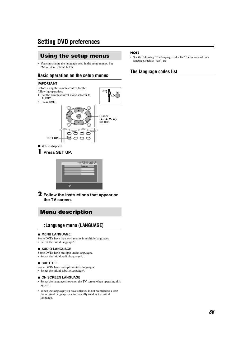 Setting dvd preferences, Using the setup menus menu description, Basic operation on the setup menus | Language menu (language), The language codes list | JVC TH-C7 TH-C6 User Manual | Page 39 / 51