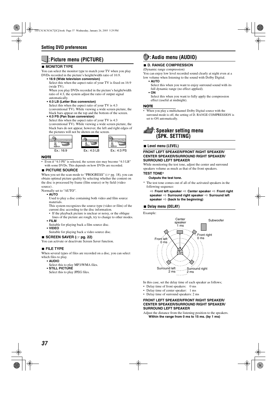 Picture menu (picture), Audio menu (audio), Speaker setting menu (spk. setting) | Setting dvd preferences | JVC TH-C7 TH-C6 User Manual | Page 40 / 51