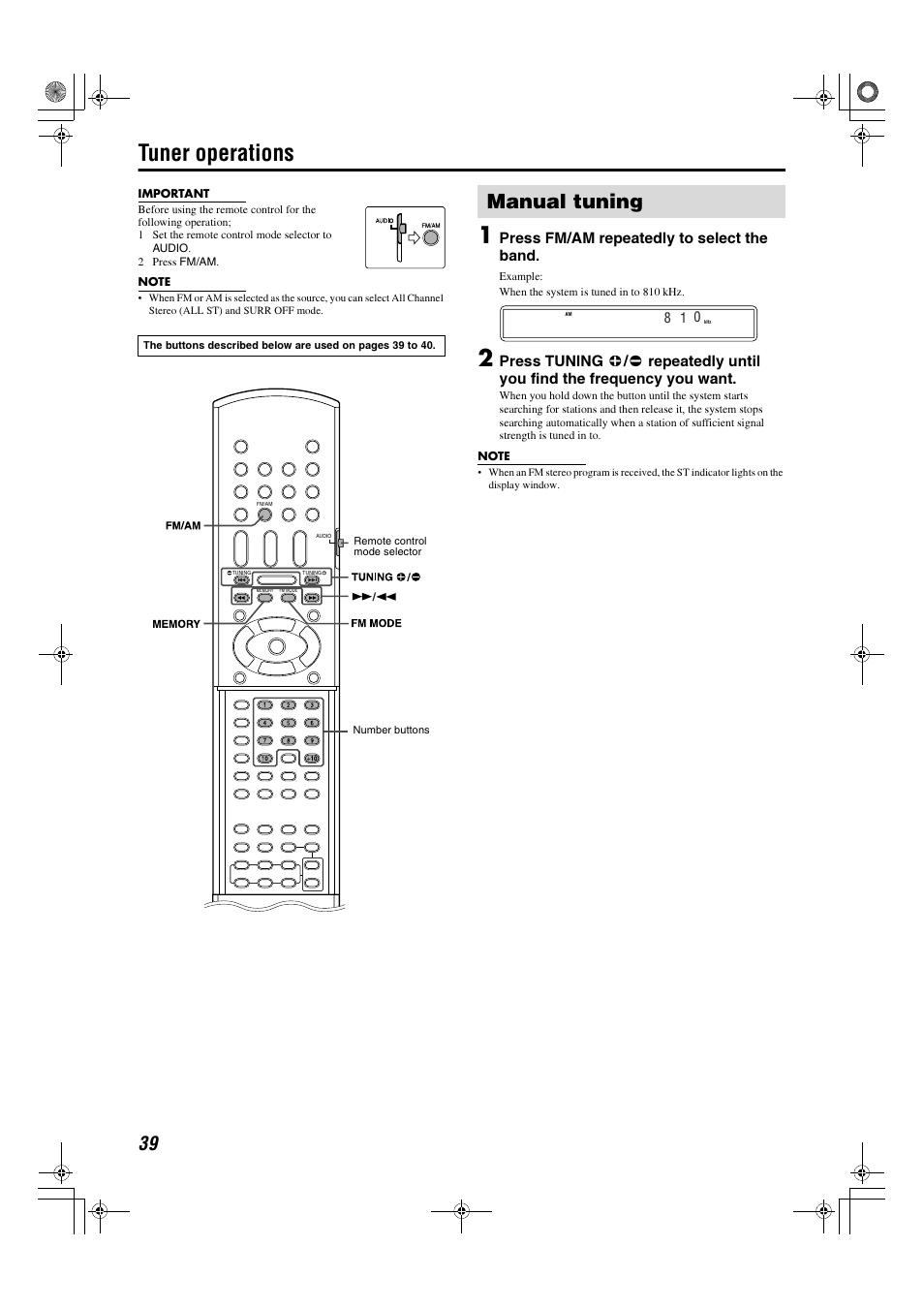 Tuner operations, Manual tuning, Press fm/am repeatedly to select the band | JVC TH-C7 TH-C6 User Manual | Page 42 / 51