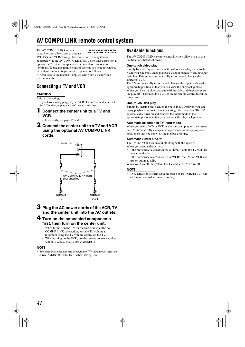 Av compu link remote control system, Connecting a tv and vcr, Available functions | JVC TH-C7 TH-C6 User Manual | Page 44 / 51