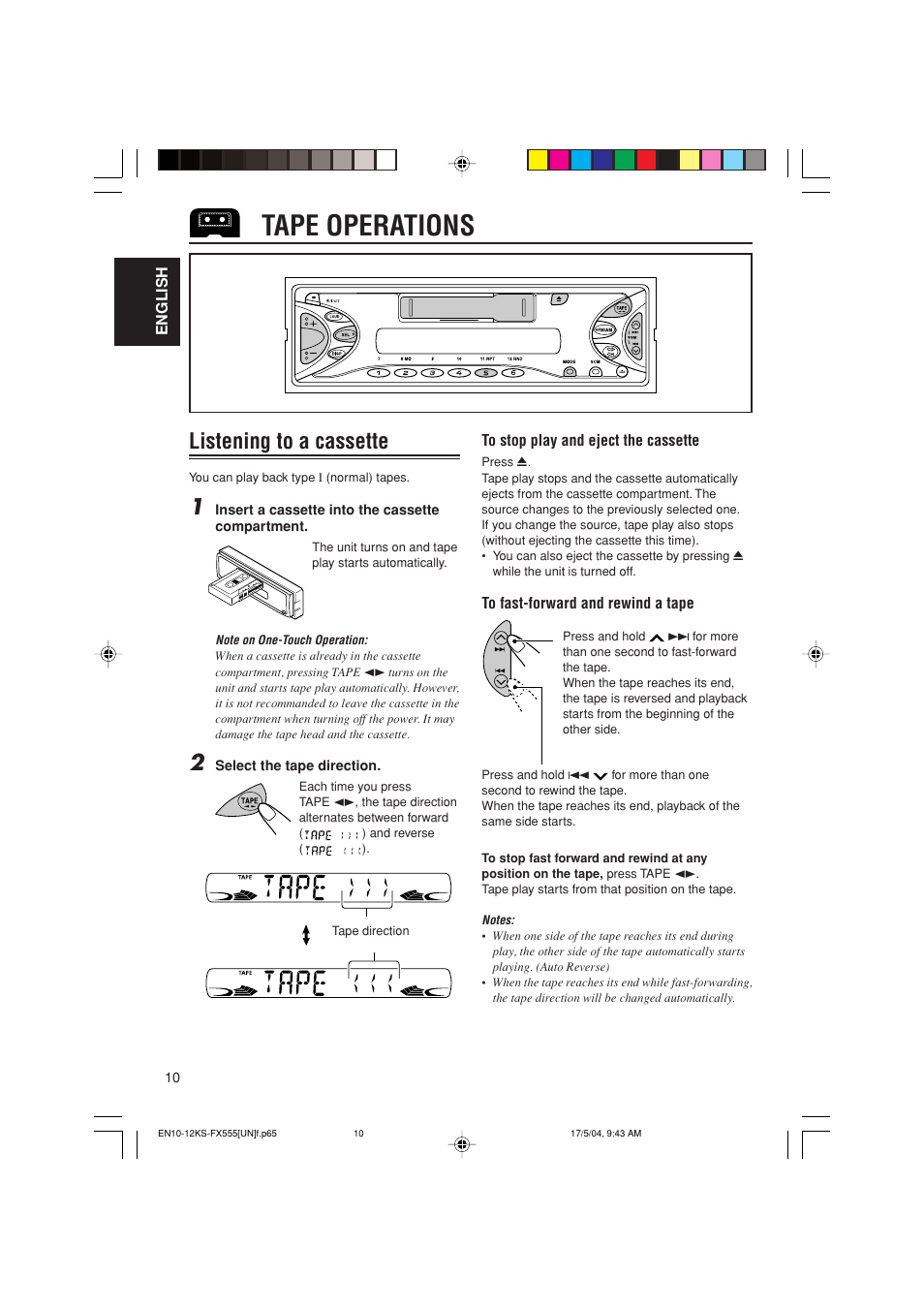 Tape operations, Listening to a cassette | JVC GET0241-001B User Manual | Page 10 / 26