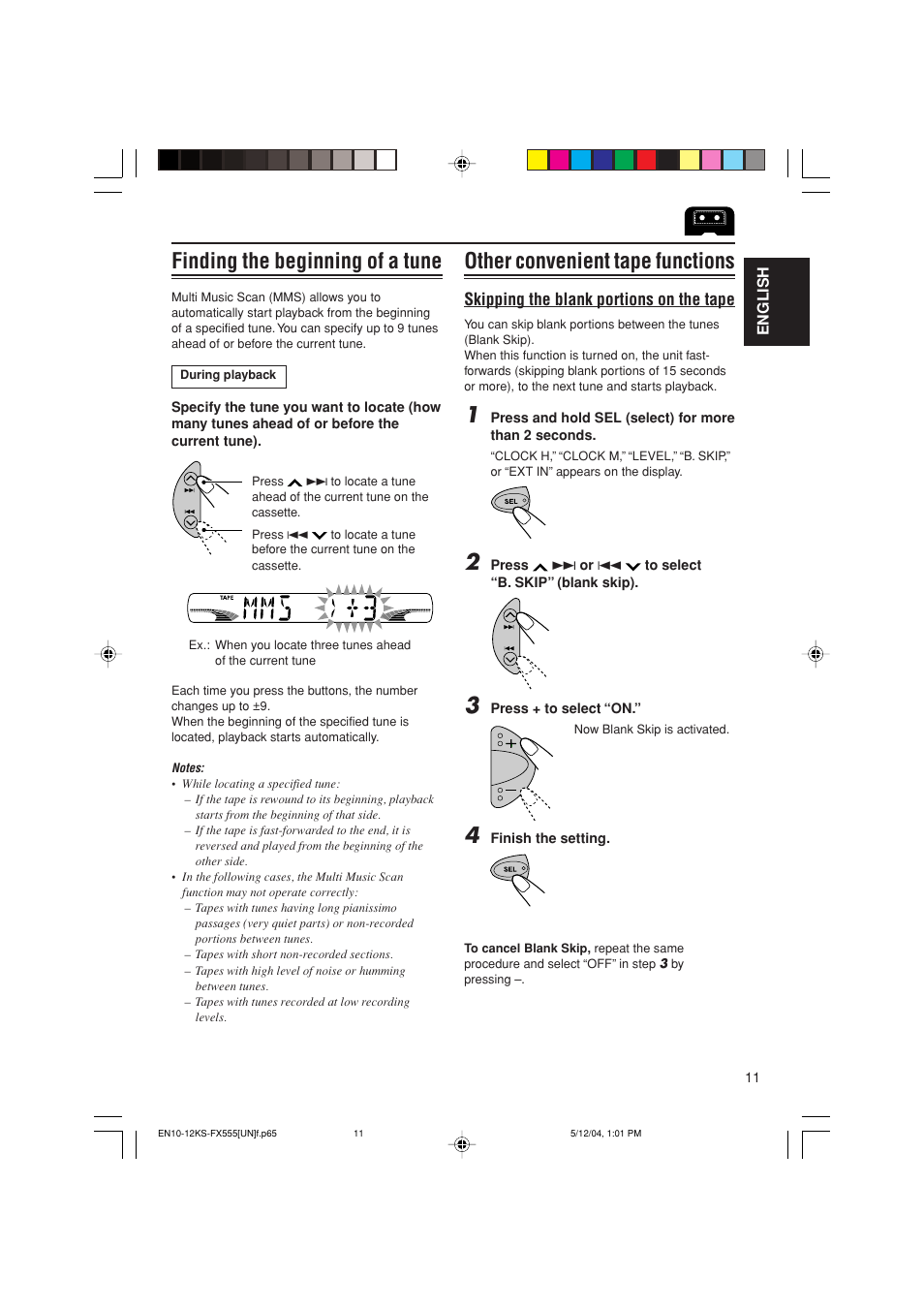 Finding the beginning of a tune, Other convenient tape functions, Skipping the blank portions on the tape | JVC GET0241-001B User Manual | Page 11 / 26