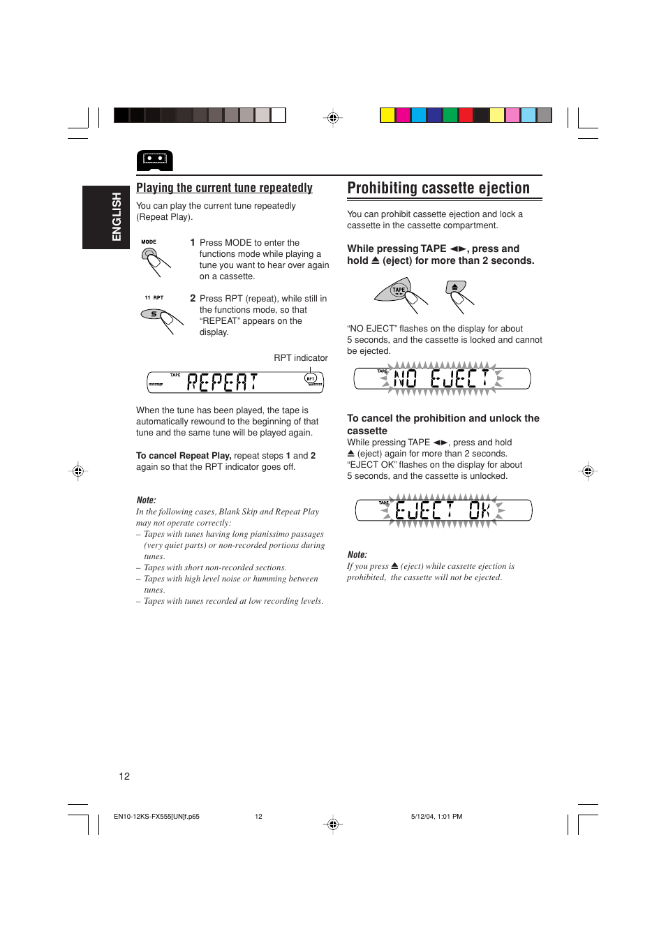 Prohibiting cassette ejection, Playing the current tune repeatedly | JVC GET0241-001B User Manual | Page 12 / 26