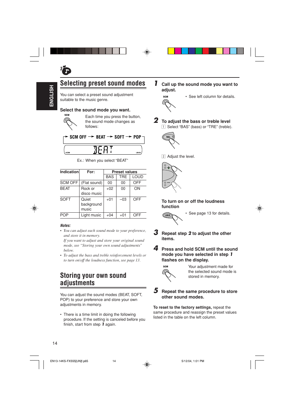 Selecting preset sound modes, Storing your own sound adjustments | JVC GET0241-001B User Manual | Page 14 / 26