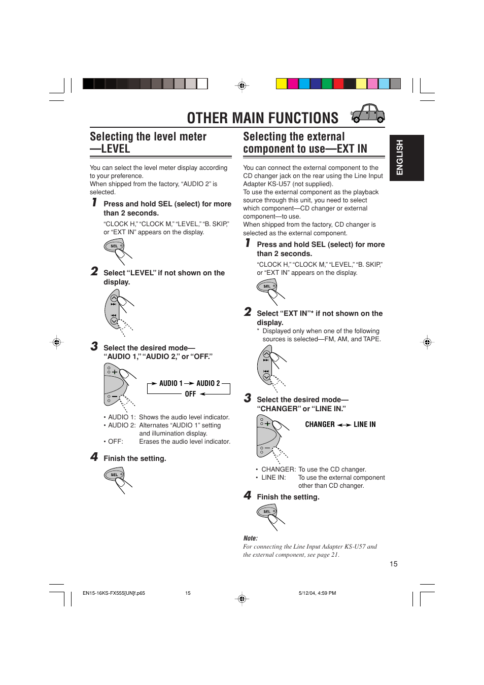 Other main functions, Selecting the level meter —level, Selecting the external component to use—ext in | JVC GET0241-001B User Manual | Page 15 / 26