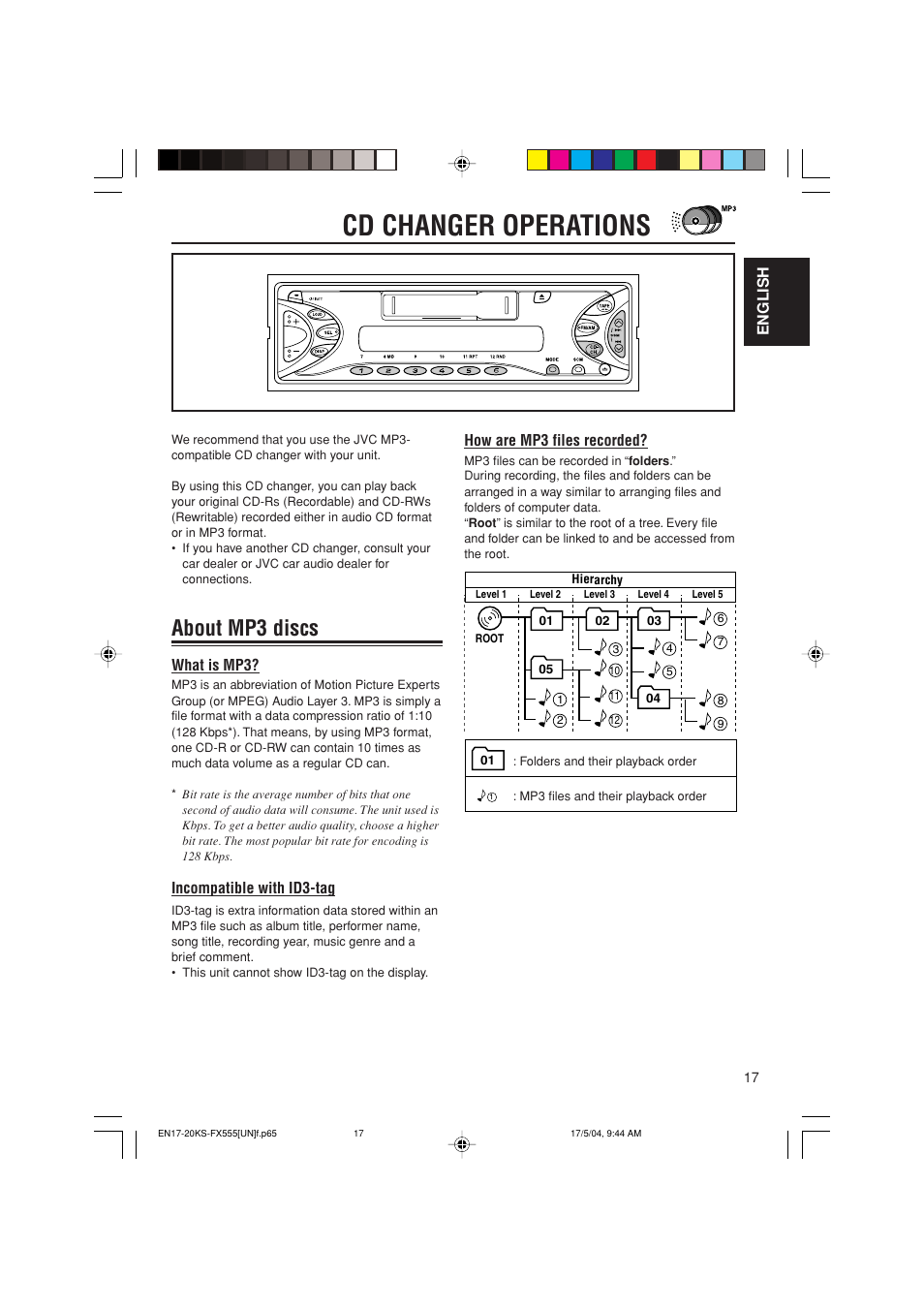 Cd changer operations, About mp3 discs, English | What is mp3, Incompatible with id3-tag, How are mp3 files recorded | JVC GET0241-001B User Manual | Page 17 / 26