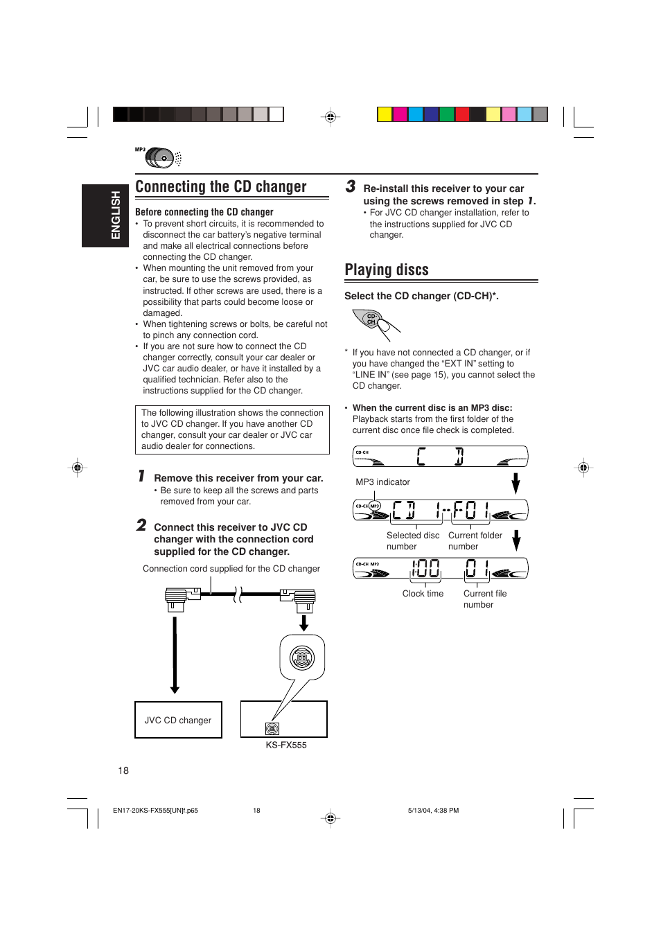 Connecting the cd changer, Playing discs | JVC GET0241-001B User Manual | Page 18 / 26