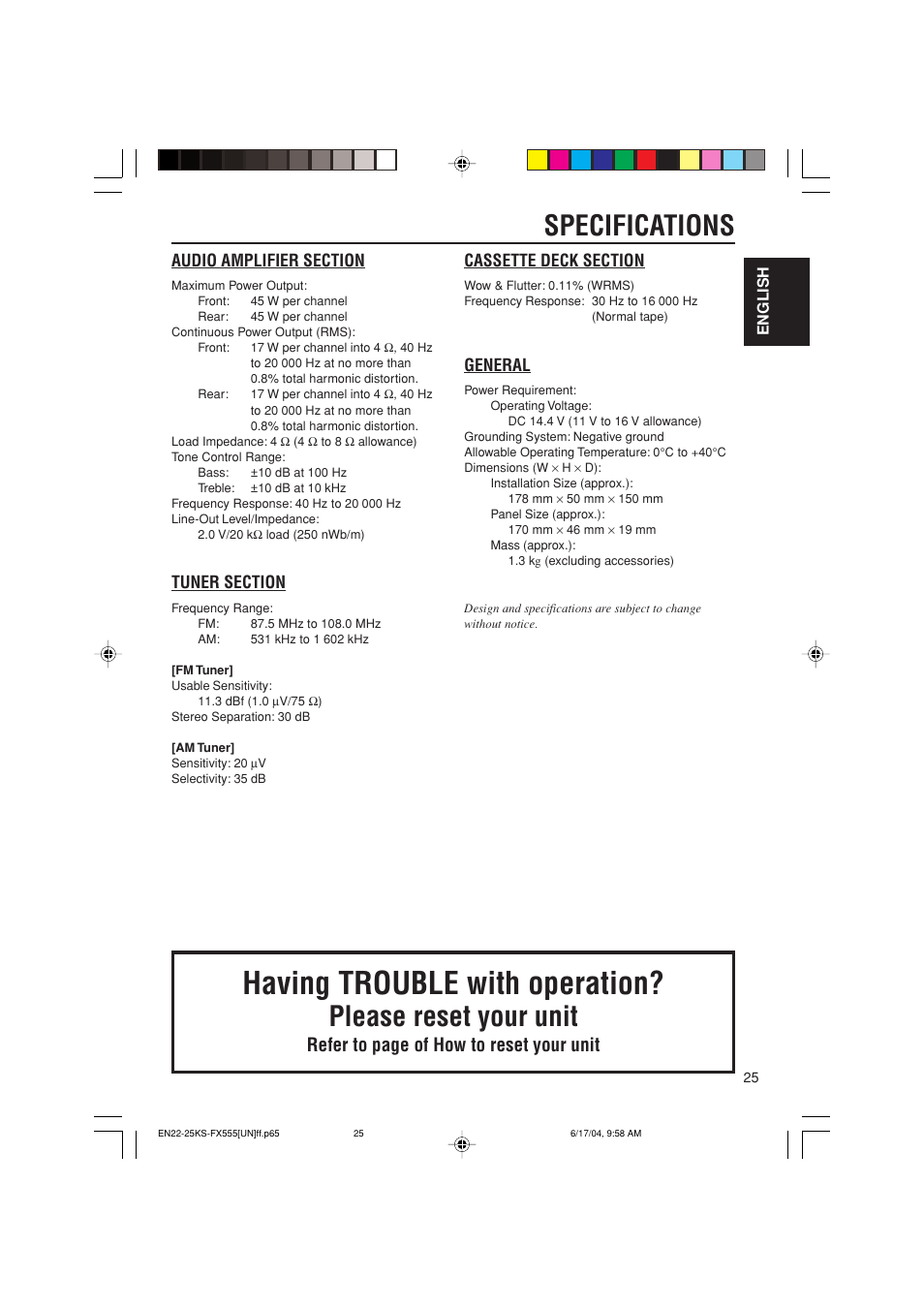 Specifications, Having trouble with operation, Please reset your unit | Refer to page of how to reset your unit, General | JVC GET0241-001B User Manual | Page 25 / 26