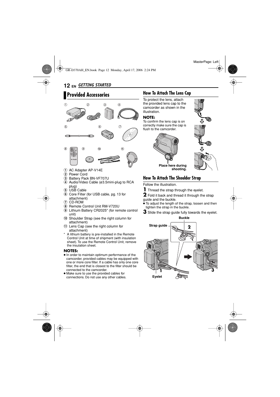 Provided accessories, How to attach the lens cap, How to attach the shoulder strap | Elet (੬ pg. 12) | JVC GR-D370AH User Manual | Page 12 / 72