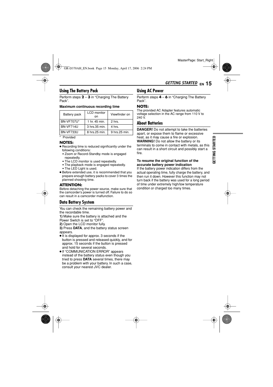 Using the battery pack, Data battery system, Using ac power | About batteries, Pg. 15) | JVC GR-D370AH User Manual | Page 15 / 72