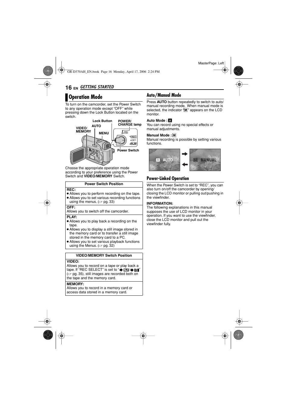 Operation mode, Auto/manual mode, Power-linked operation | Pg. 16), Y, off, Ation mode | JVC GR-D370AH User Manual | Page 16 / 72