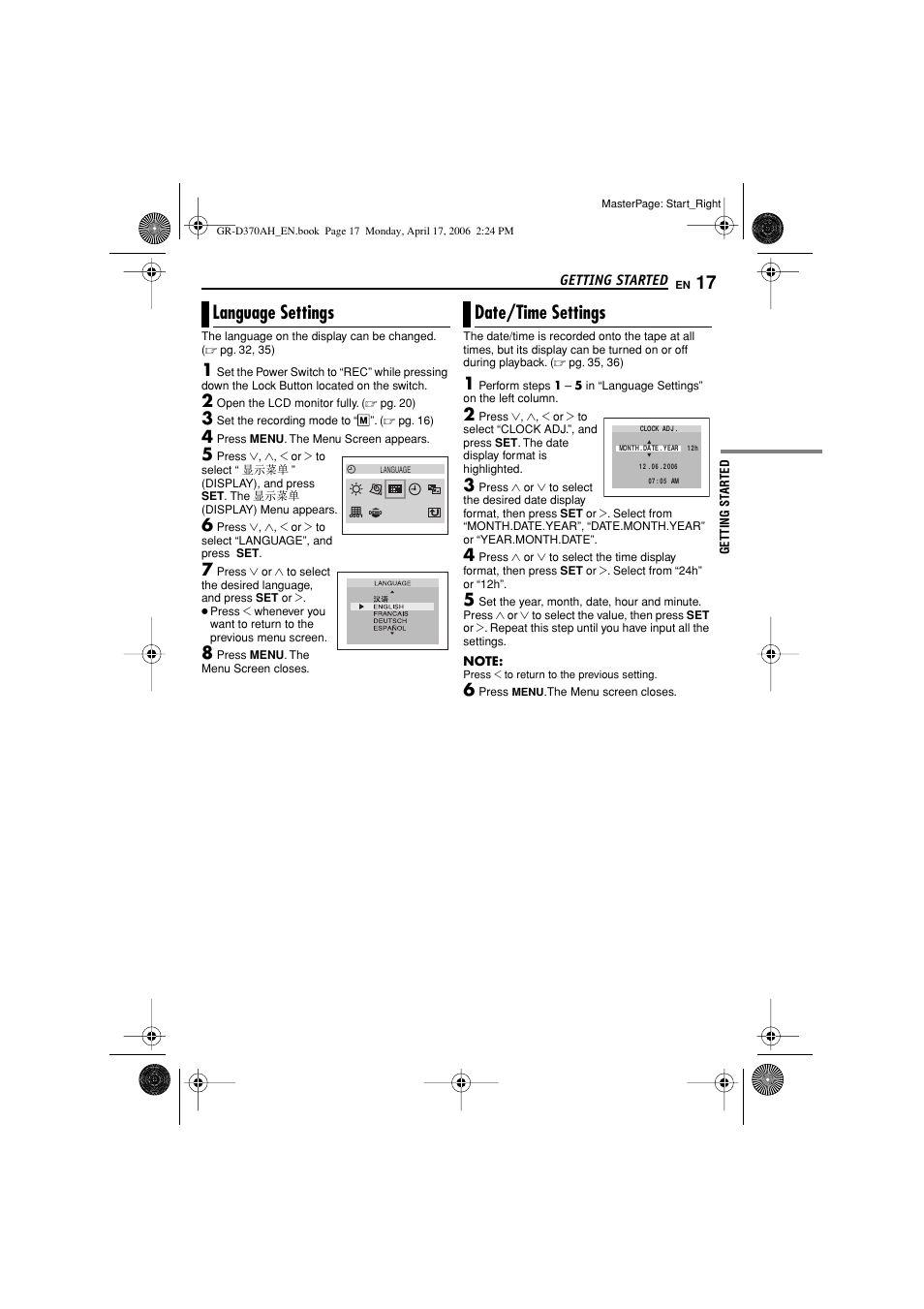 Language settings, Date/time settings, 17 date/time settings | Set button [set, Pg. 17), Date | JVC GR-D370AH User Manual | Page 17 / 72