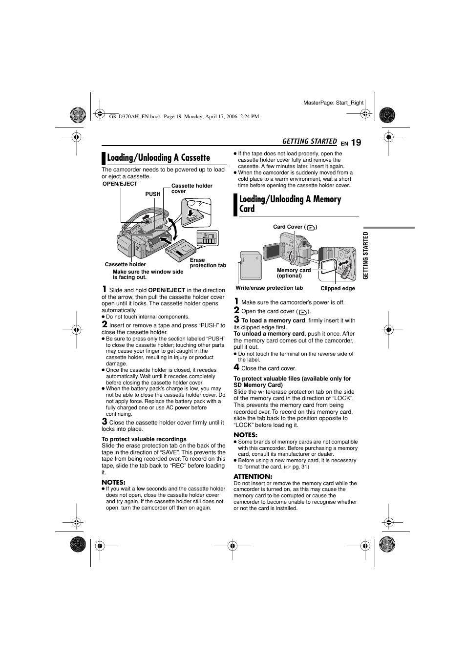 Loading/unloading a cassette, Loading/unloading a memory card, 19 loading/unloading a memory card | Pg. 19), Er (੬ pg. 19) | JVC GR-D370AH User Manual | Page 19 / 72