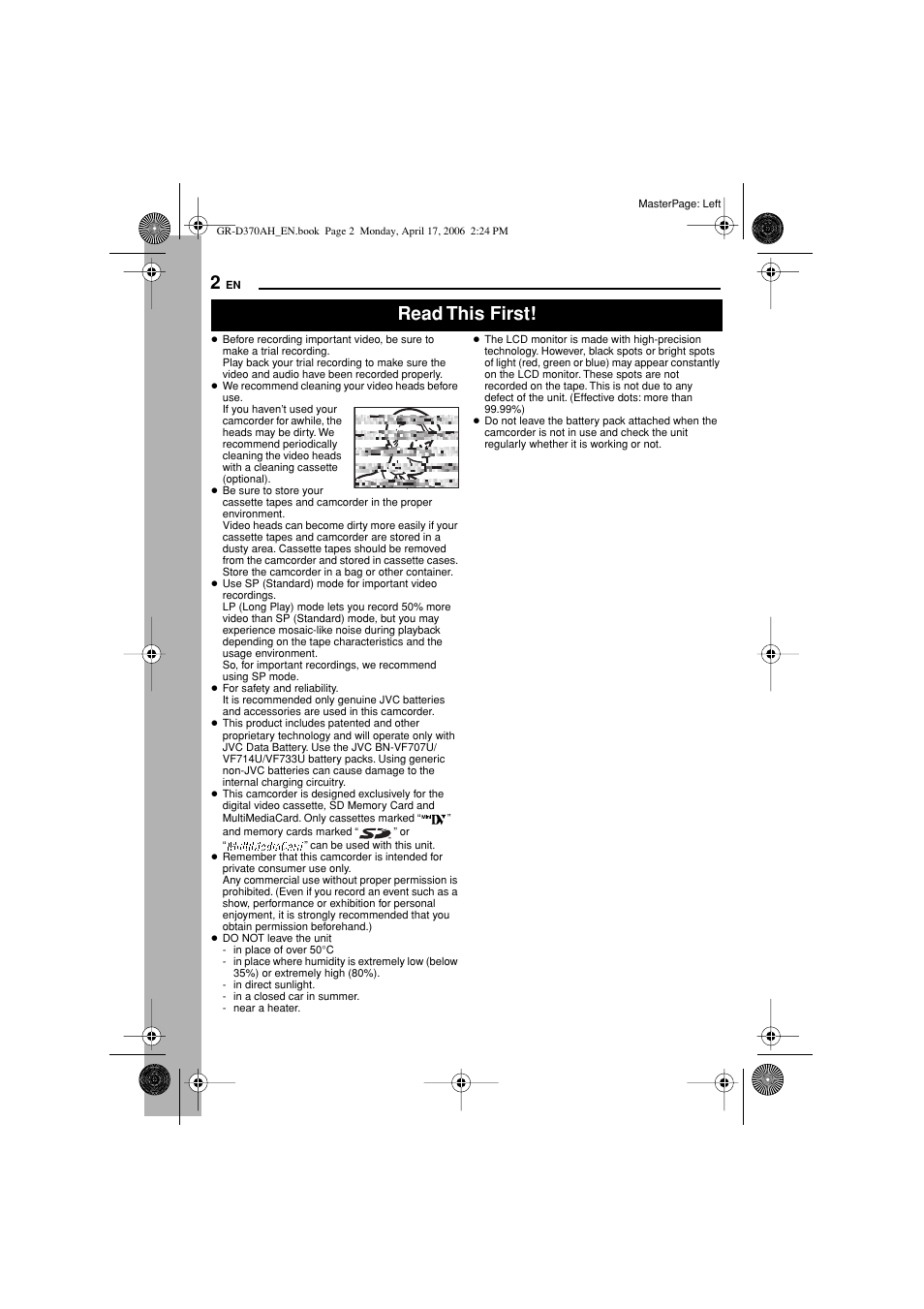 2 – 5 to ensure saf, Read this first | JVC GR-D370AH User Manual | Page 2 / 72