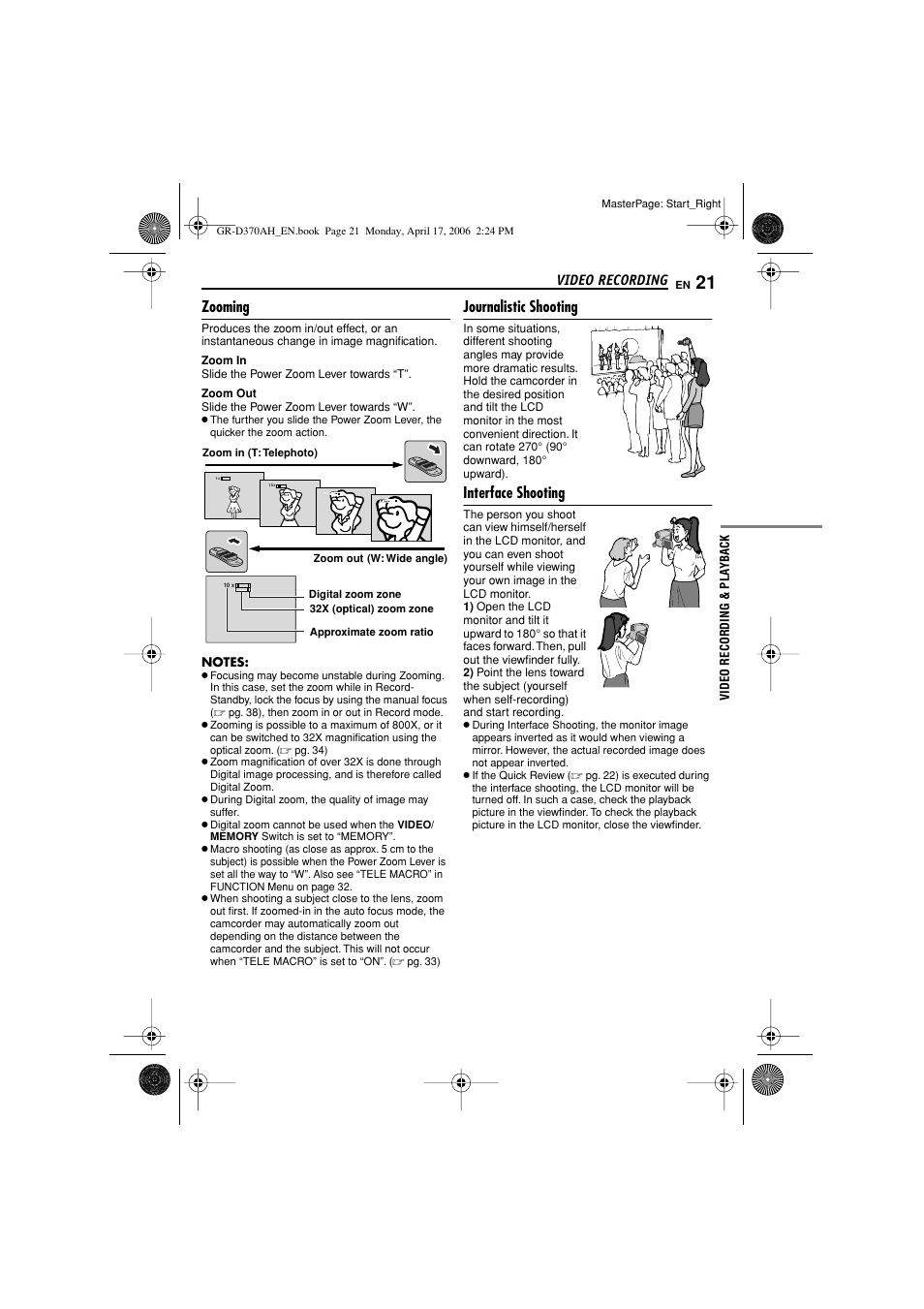 Zooming, Journalistic shooting, Interface shooting | Video recording & playback, 21 journalistic shooting, 21 interface shooting, Er [t/w, Pg. 21), Ximate zoom ratio, Video recording | JVC GR-D370AH User Manual | Page 21 / 72