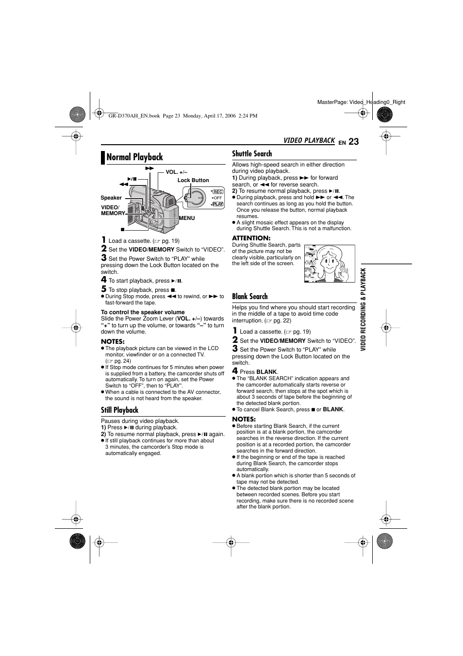 Video playback, Normal playback, Still playback | Shuttle search, Blank search, 23 shuttle search, 23 blank search, Pg. 23), Blank search [blank, Er (੬ pg. 23) | JVC GR-D370AH User Manual | Page 23 / 72