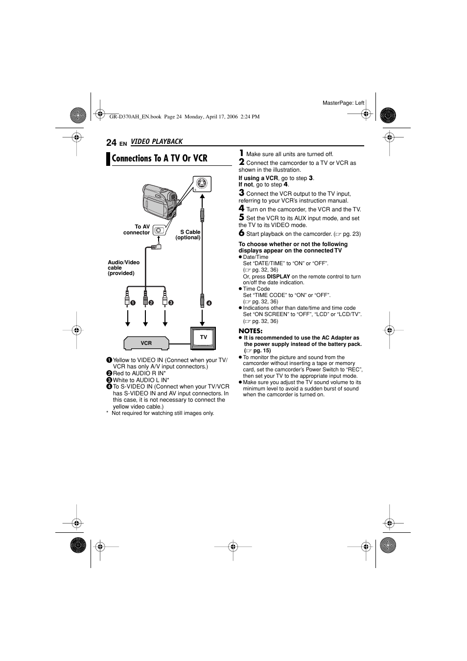 Connections to a tv or vcr, Pg. 24, 43), S-video output connector [s | JVC GR-D370AH User Manual | Page 24 / 72