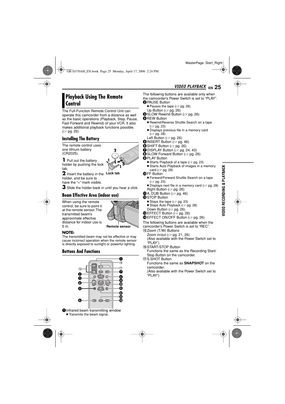 Playback using the remote control, Installing the battery, Beam effective area (indoor use) | Buttons and functions | JVC GR-D370AH User Manual | Page 25 / 72