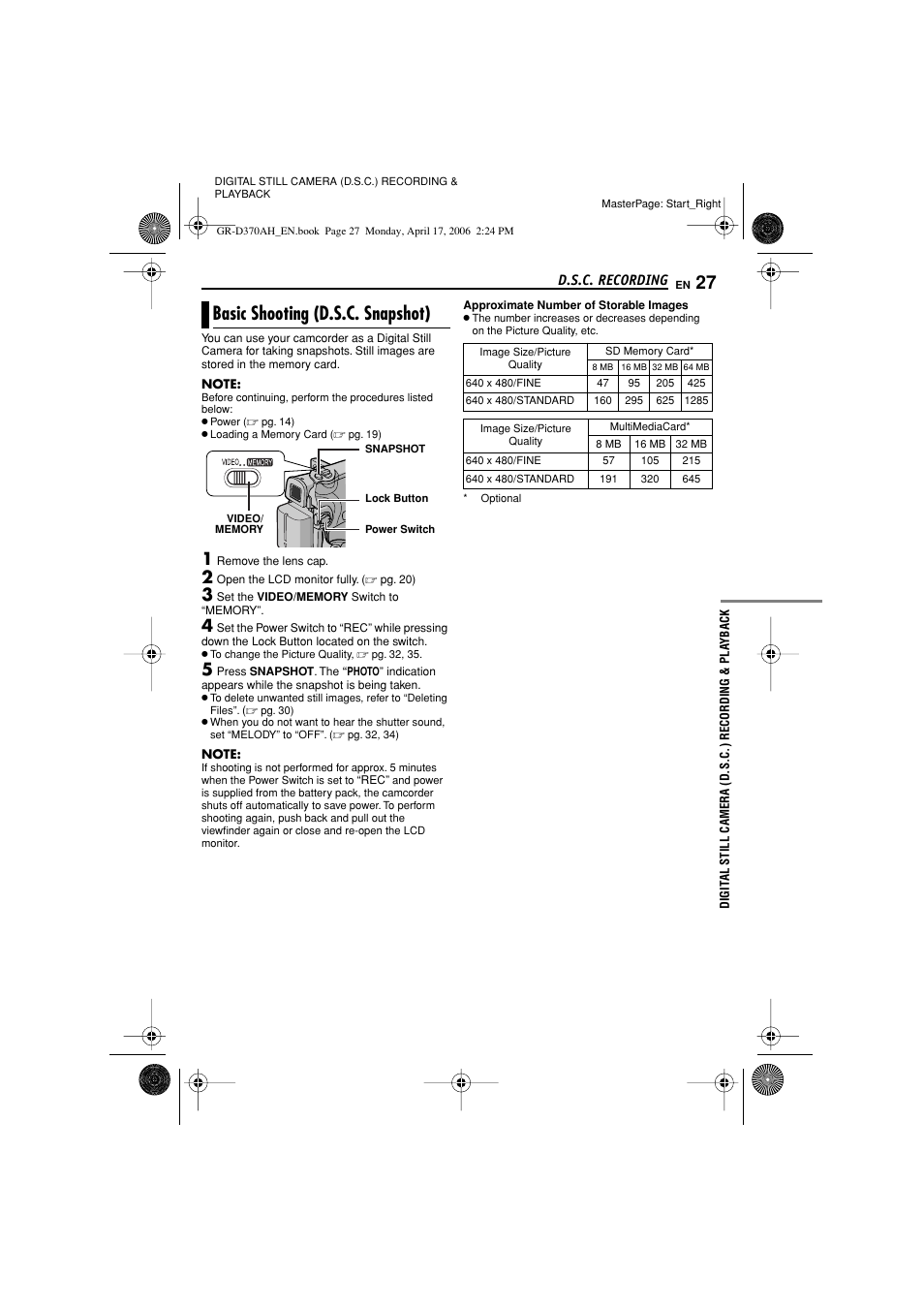 D.s.c. recording, Basic shooting (d.s.c. snapshot), Digital still camera (d.s.c.) recording | Playback, Pg. 27, 38), 640 x 480), Pg. 27), Shooting icon, Card icon | JVC GR-D370AH User Manual | Page 27 / 72