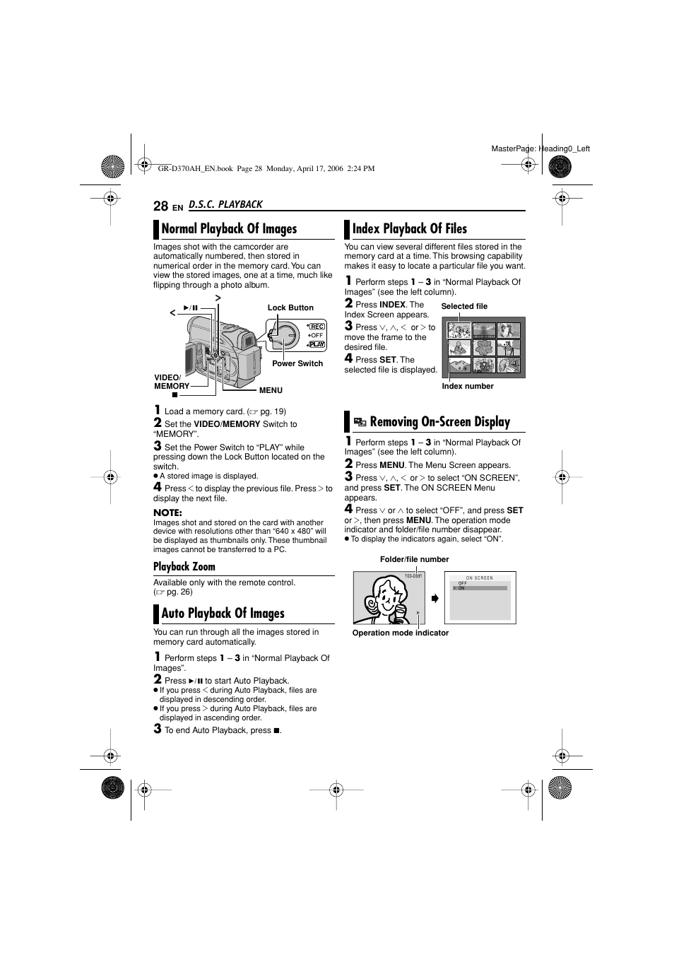 Normal playback of images, Playback zoom, Auto playback of images | Index playback of files, Removing on-screen display, D.s.c. playback, 28 auto playback of images, 28 index playback of files, 28 removing on-screen display, Pg. 28) | JVC GR-D370AH User Manual | Page 28 / 72