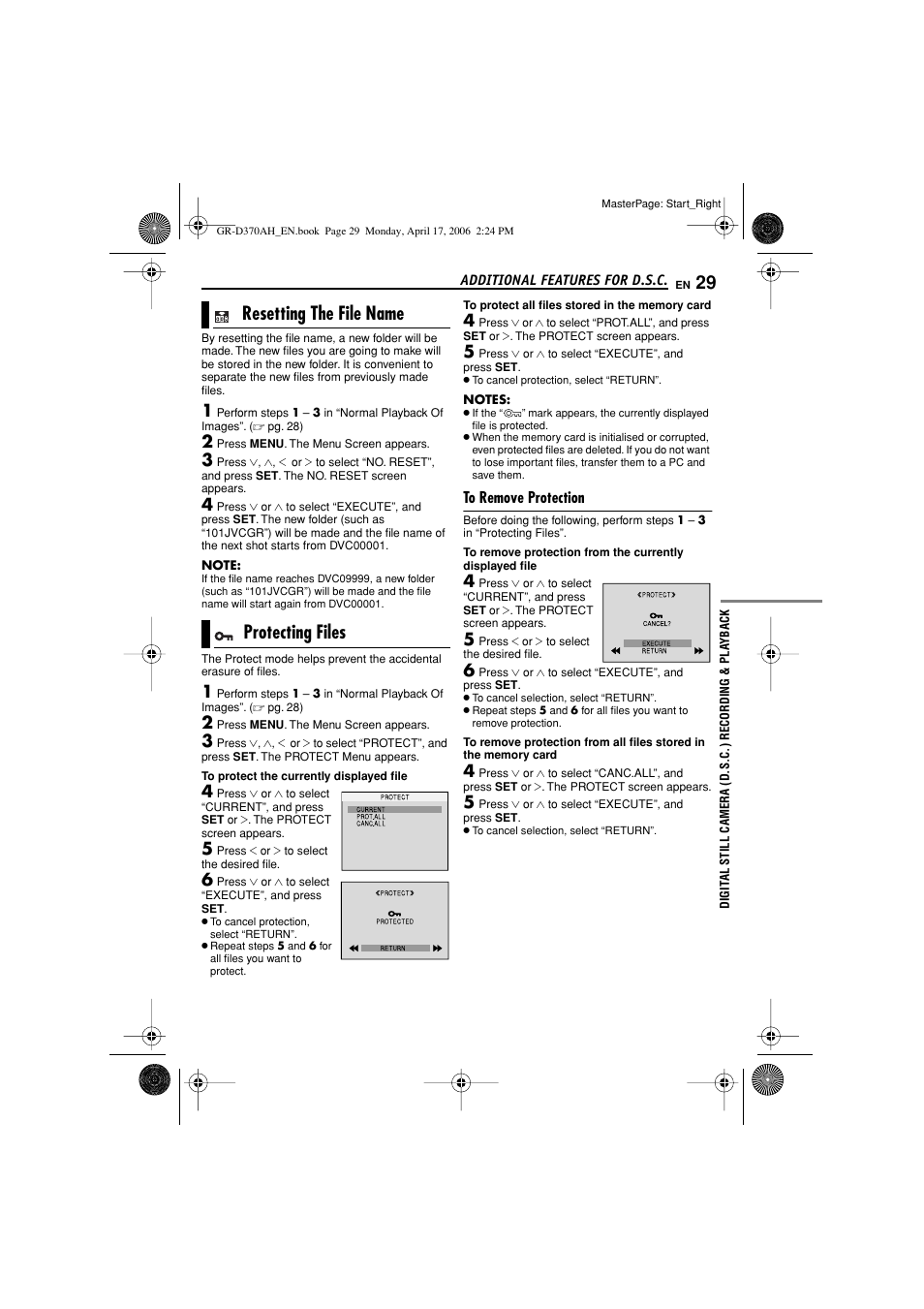 Additional features for d.s.c, Resetting the file name, Protecting files | To remove protection, 29 protecting files, Resetting the file name protecting files | JVC GR-D370AH User Manual | Page 29 / 72